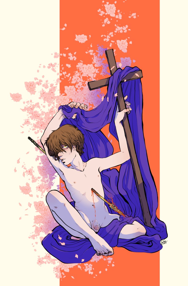 illustration by k. m. claude of a nude youth pierced by a lance sits holding a cross draped in violet fabric with pink roses and cherry blossoms in the background