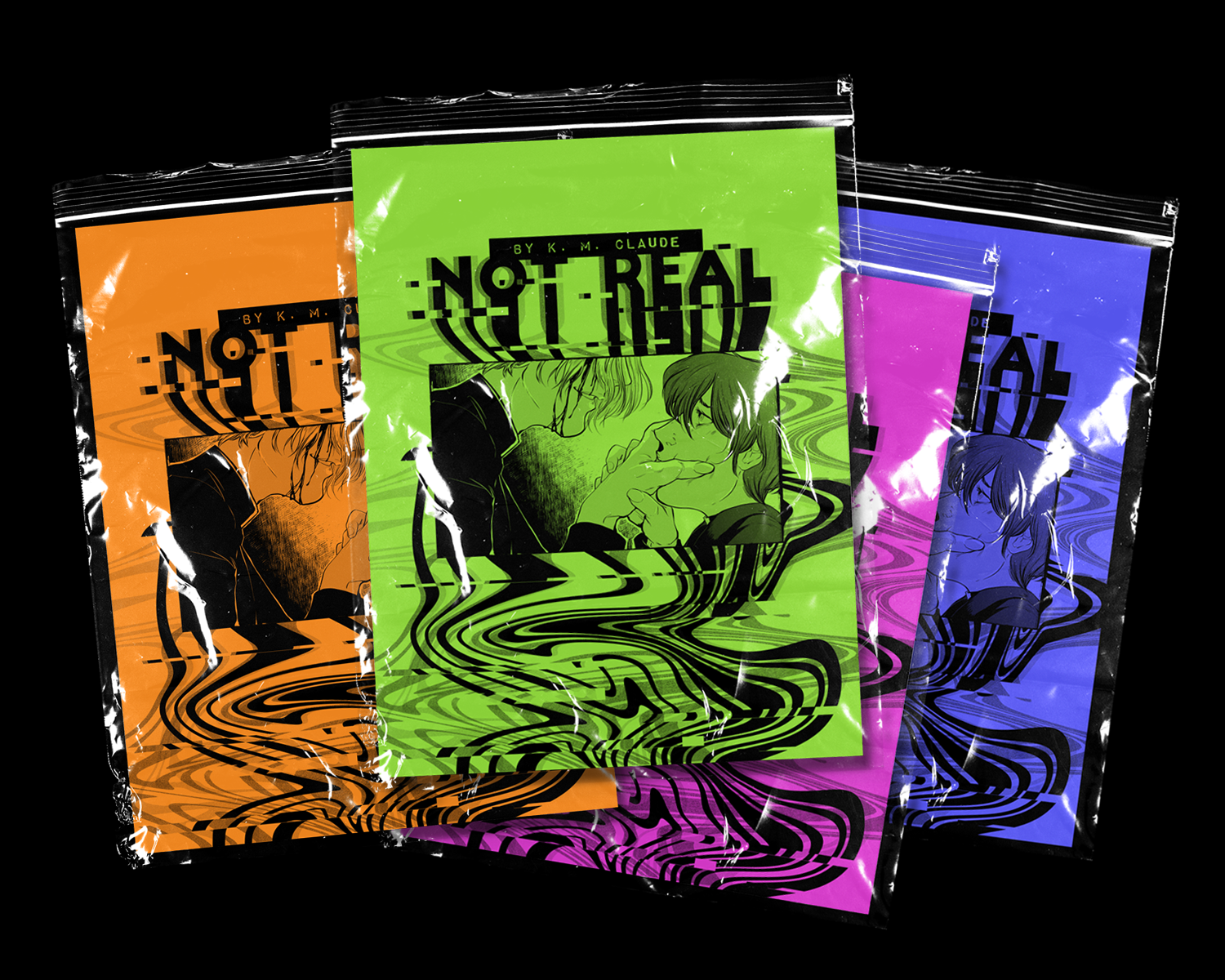 print zine mockups of "Not Real" in ziplock bags