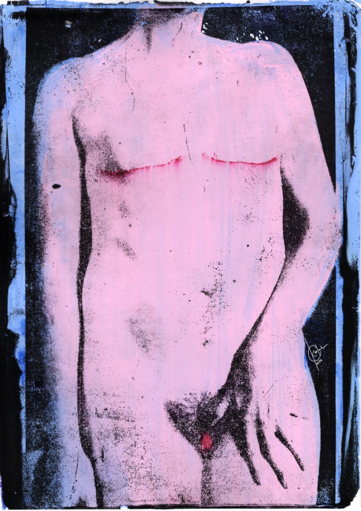 gel plate printing of a nude trans male from the neck to the thigh